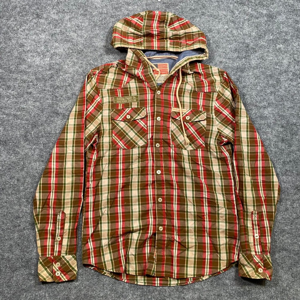 Rolling Paper Co Mens Medium Hooded Plaid Button Down Shirt Brown Red  Patch